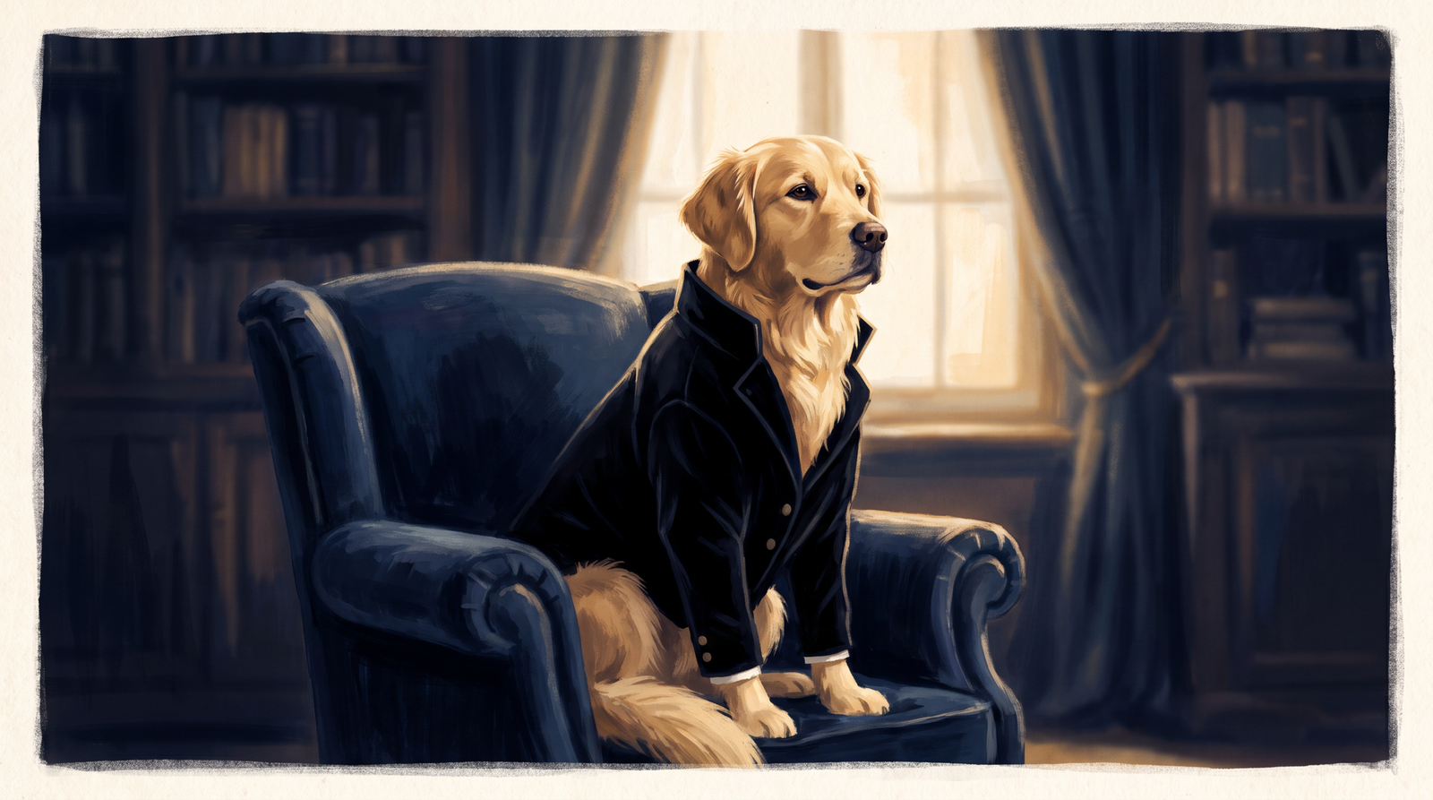 A golden retriever wearing a tailored blazer sitting like a brooding romance-novel villain