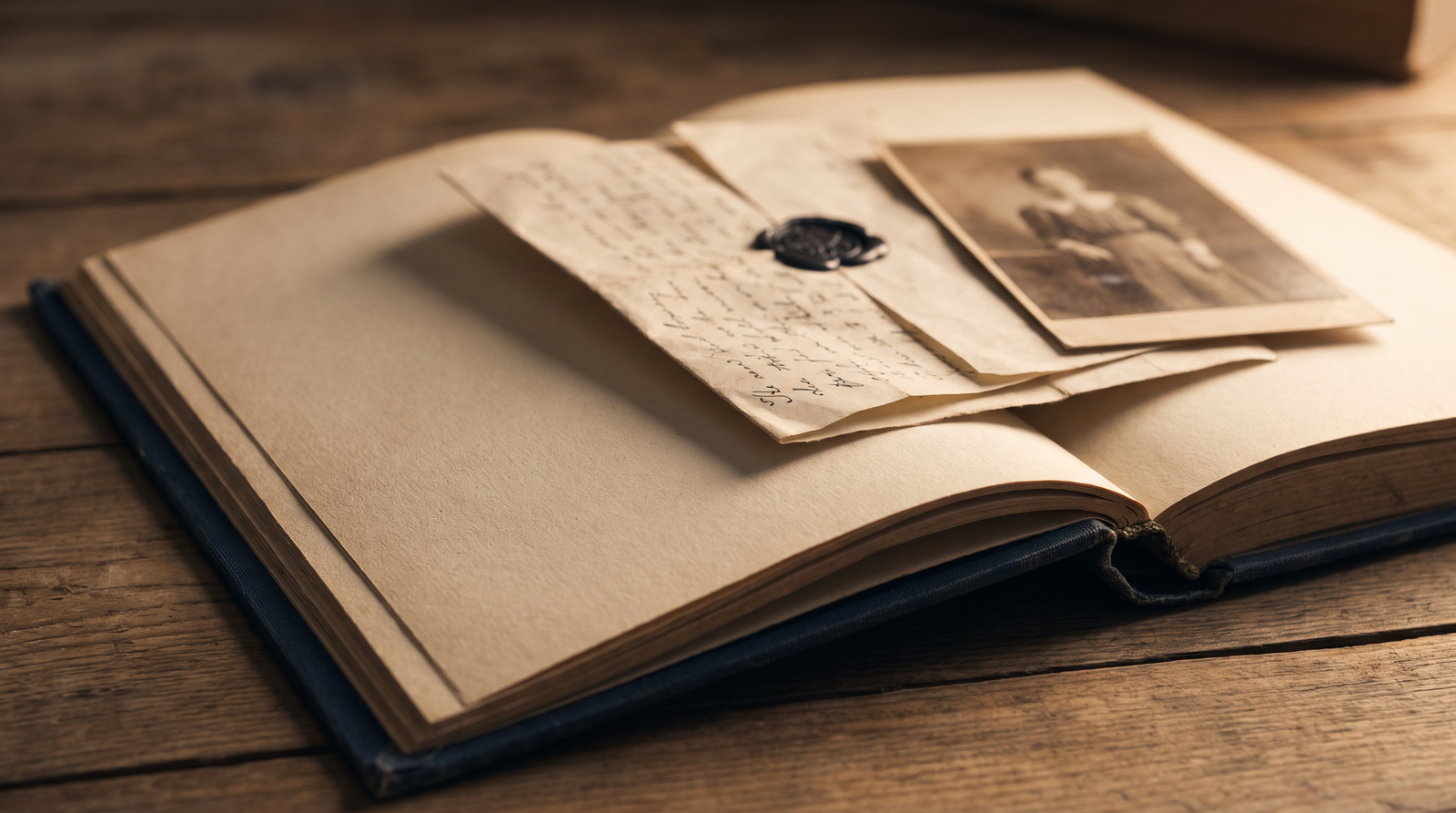 An open book's first page with an antique letter and photograph tucked inside