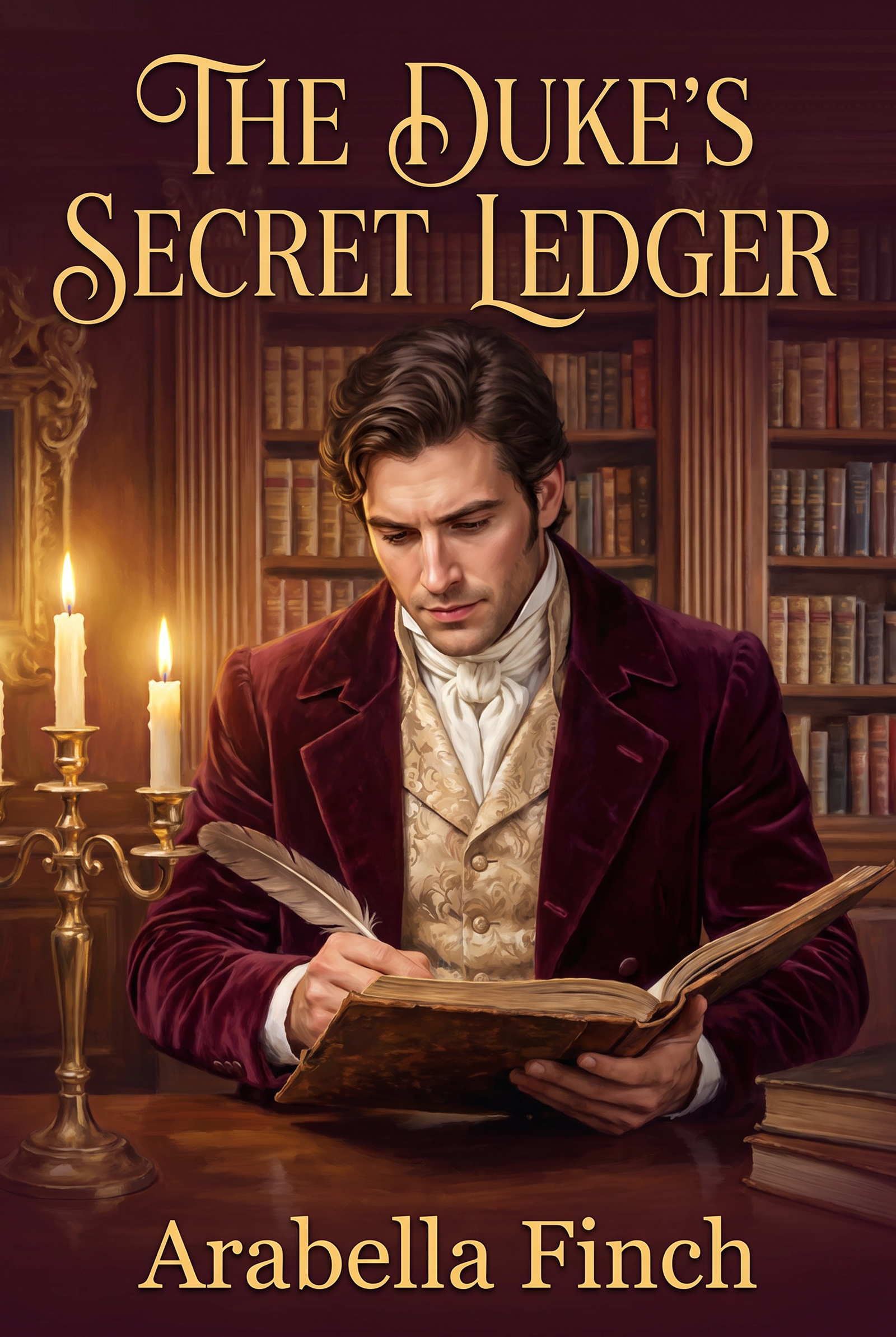 Front cover of the fictitious romance novel The Duke's Secret Ledger by Arabella Finch