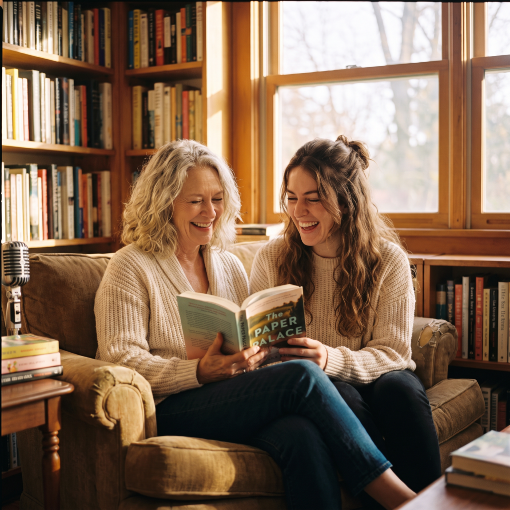 Mom and Daughter, the two hosts of The Blurb Jury podcast, sitting together reading a book